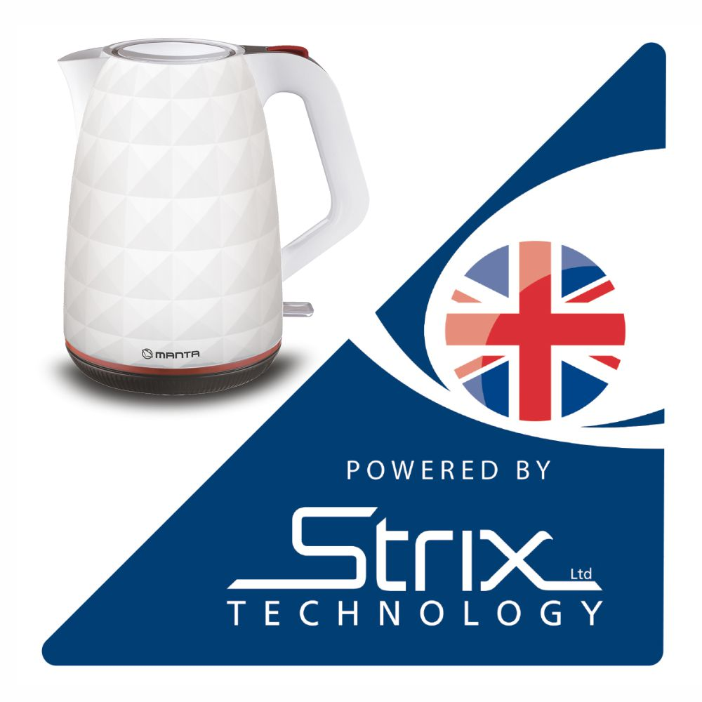 Biały czajnik elektryczny Manta z diamentowym wzorem i czerwonymi akcentami, obok niebiesko-białego logo z flagą Union Jack.