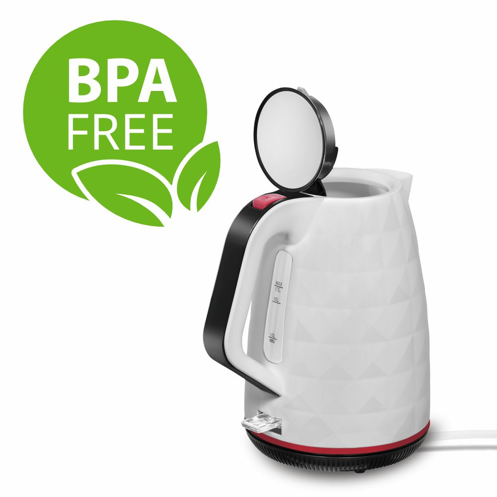 Biały czajnik elektryczny z etykietą BPA-Free. Pokrywa otwarta.