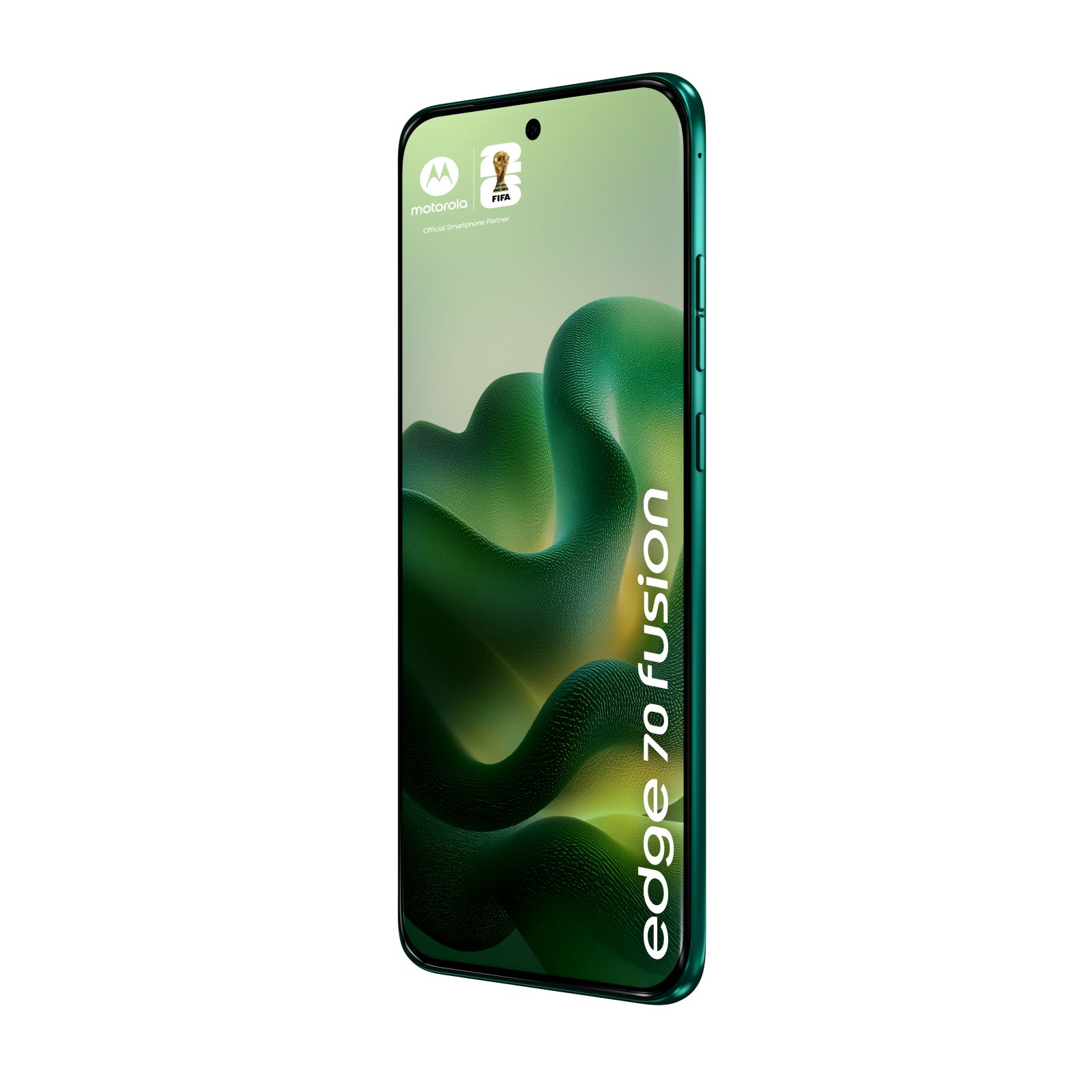 Ein grünes Motorola Edge 70 Fusion Smartphone mit FIFA-Logo und Wellenmuster-Hintergrund.
