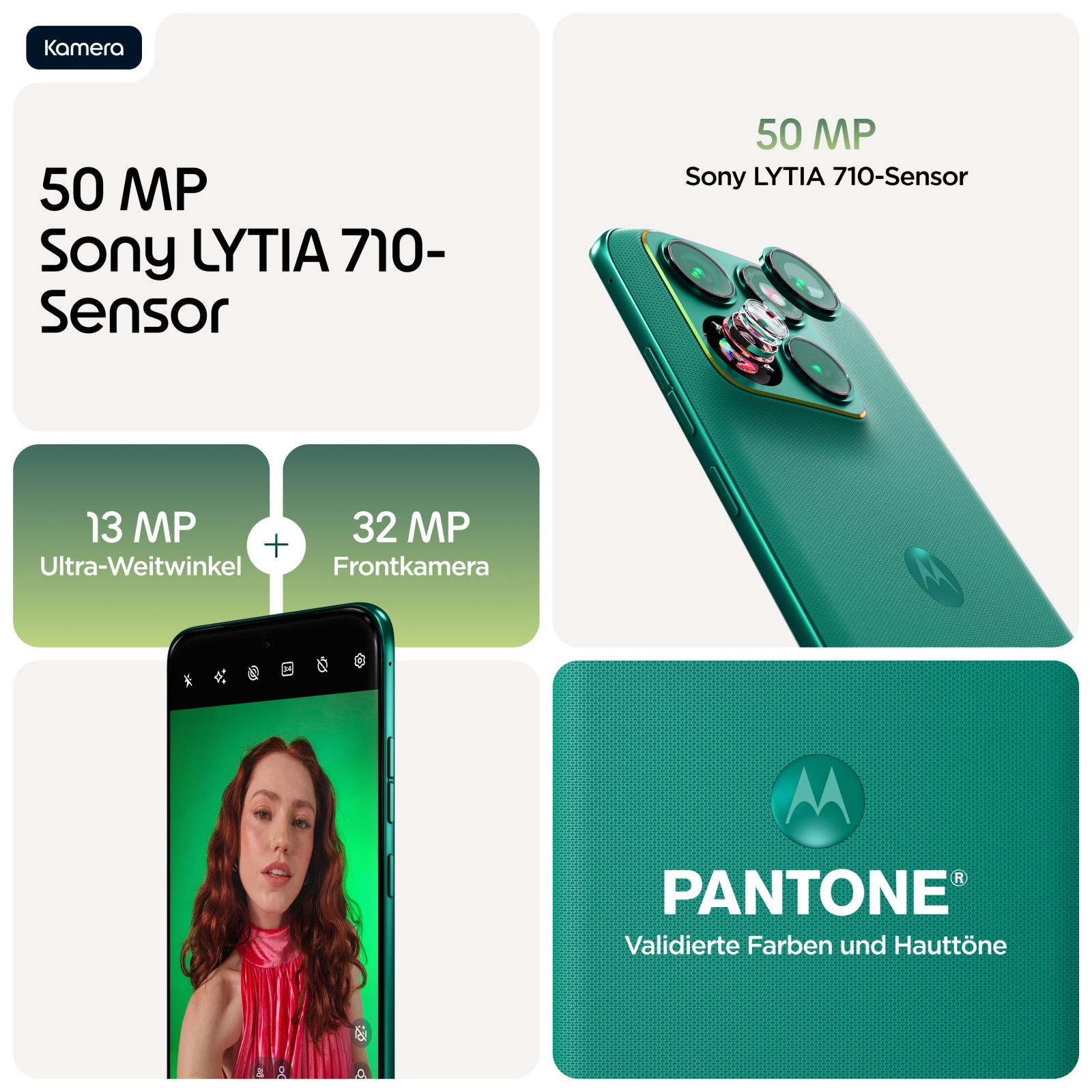 Motorola Smartphone mit 50MP Sony LYTIA 710 Sensor, 13MP Ultra-Weitwinkel, 32MP Frontkamera, Pantone.