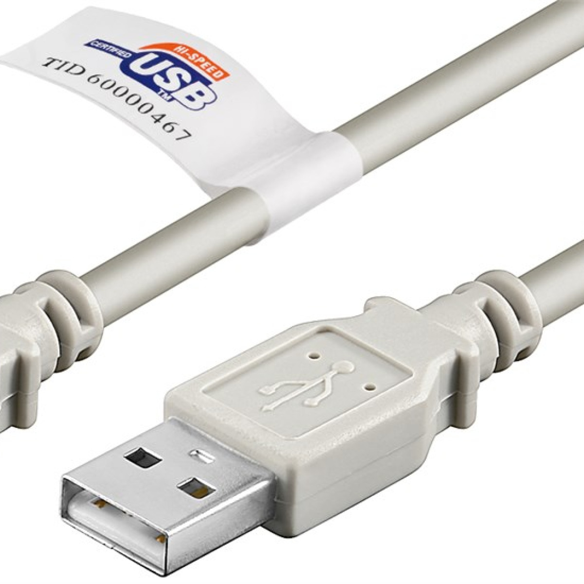 Ein graues USB-Kabel mit einem weißen Aufkleber mit der Aufschrift "Certified Hi-Speed USB".