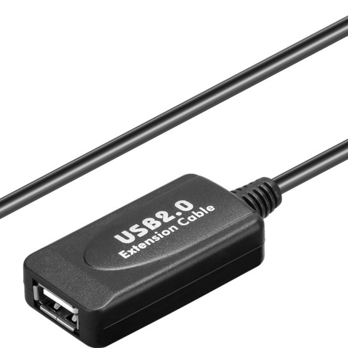 Schwarzes USB 2.0 Verlängerungskabel mit einem männlichen und einem weiblichen Anschluss.