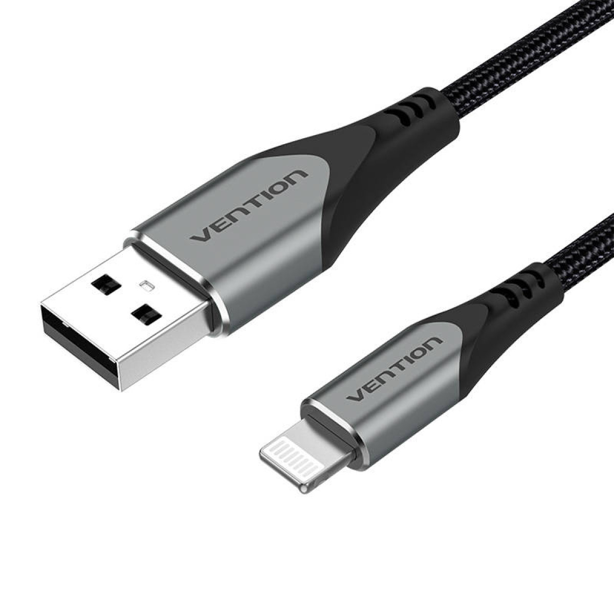 Kabel Vention USB-A do Lightning z czarnym plecionym przewodem i srebrnymi złączami.