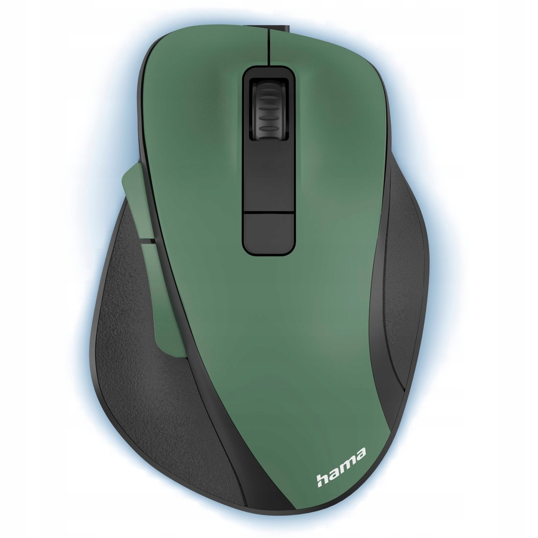 Grüne Maus mit Scrollrad und Hama-Logo, auf weißem Hintergrund.