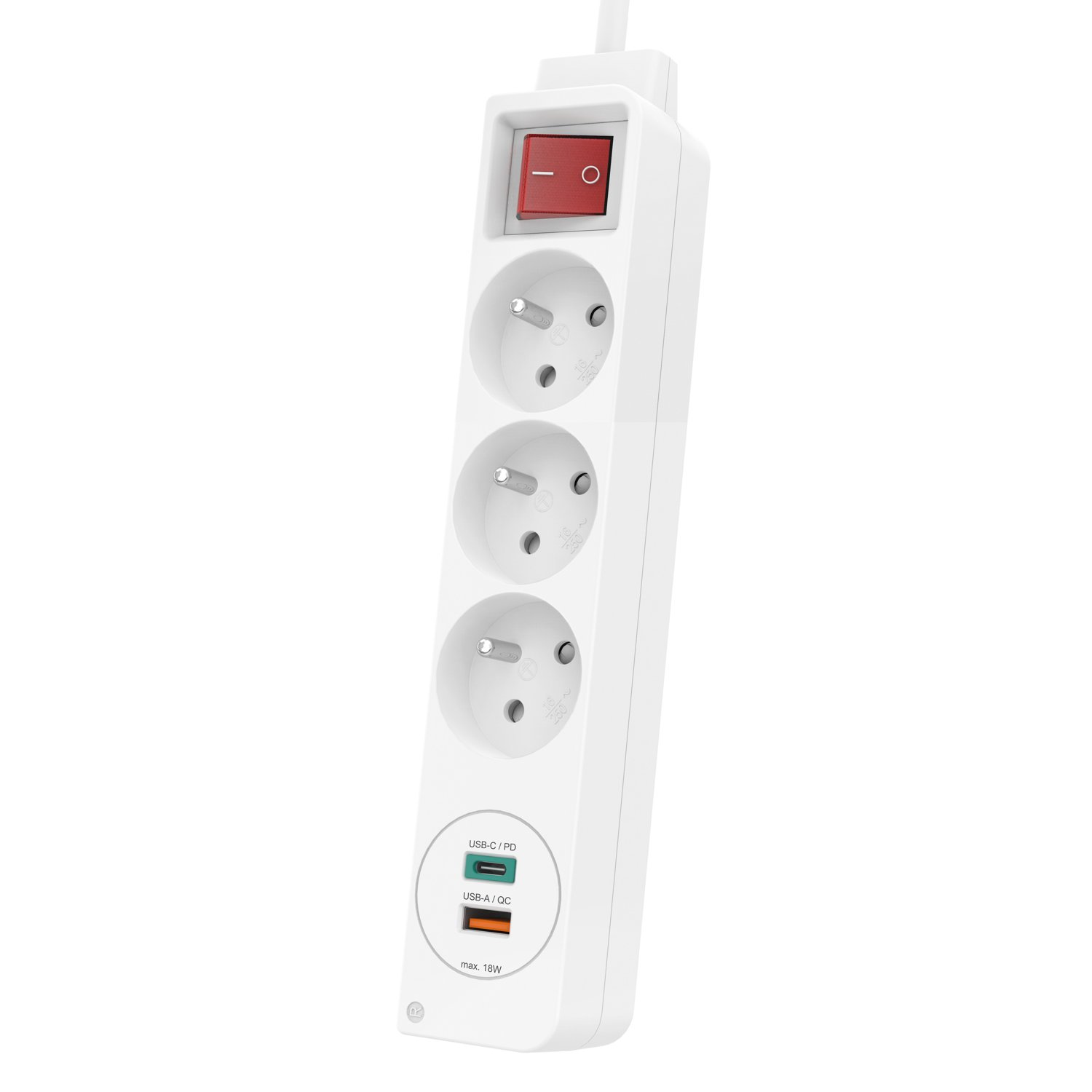 Biała listwa zasilająca z czerwonym włącznikiem, 3 gniazda, porty USB-C/PD i USB-A/QC.