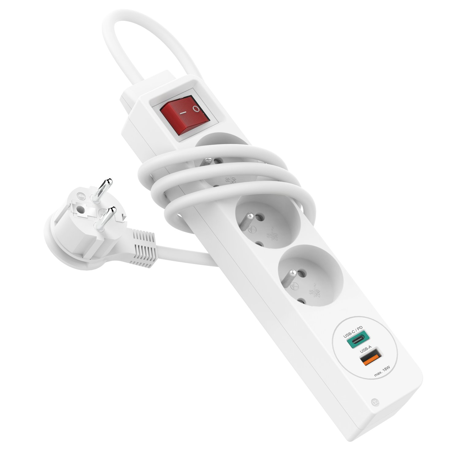 Biała listwa zasilająca z czerwonym przełącznikiem, wtyczką UE i portami USB.