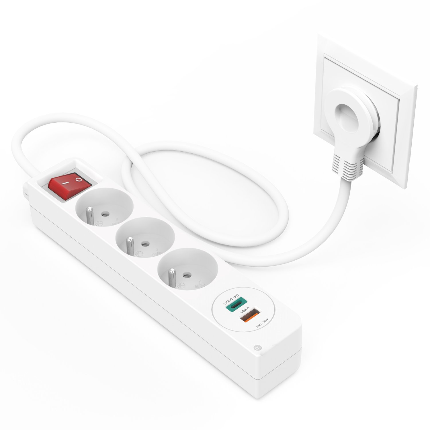 Biała listwa zasilająca z czerwonym włącznikiem, trzema gniazdami i portami USB.