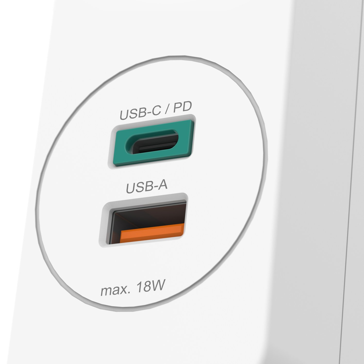 Ładowarka z portami USB-C/PD i USB-A, maks. 18W.