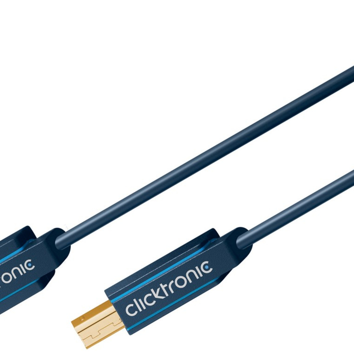 Ein dunkelblaues Kabel mit einem goldenen USB-C-Anschluss und 'Clicktronic'-Branding.