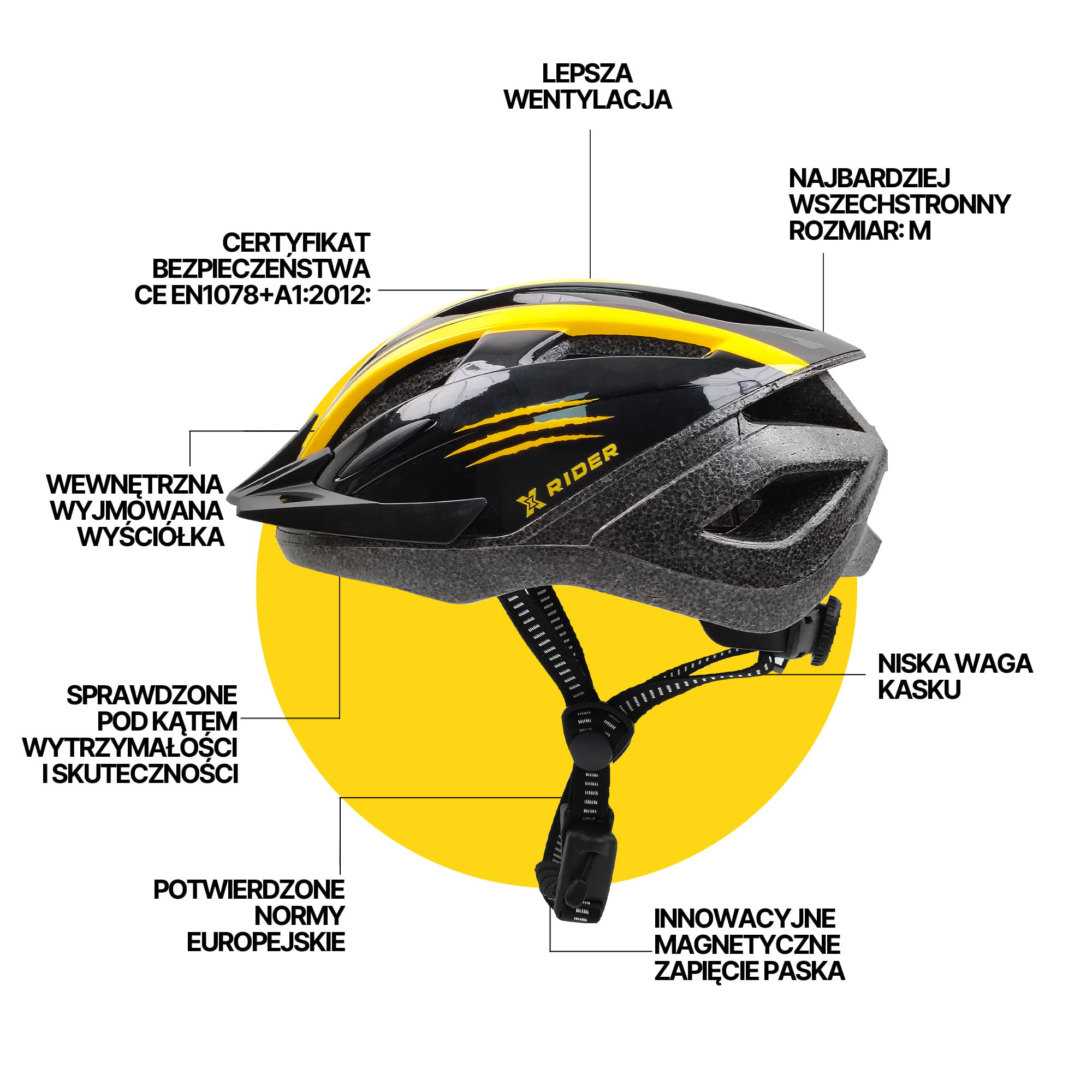 Czarny i żółty kask z wentylacją, regulowanym paskiem i logo X-Rider.