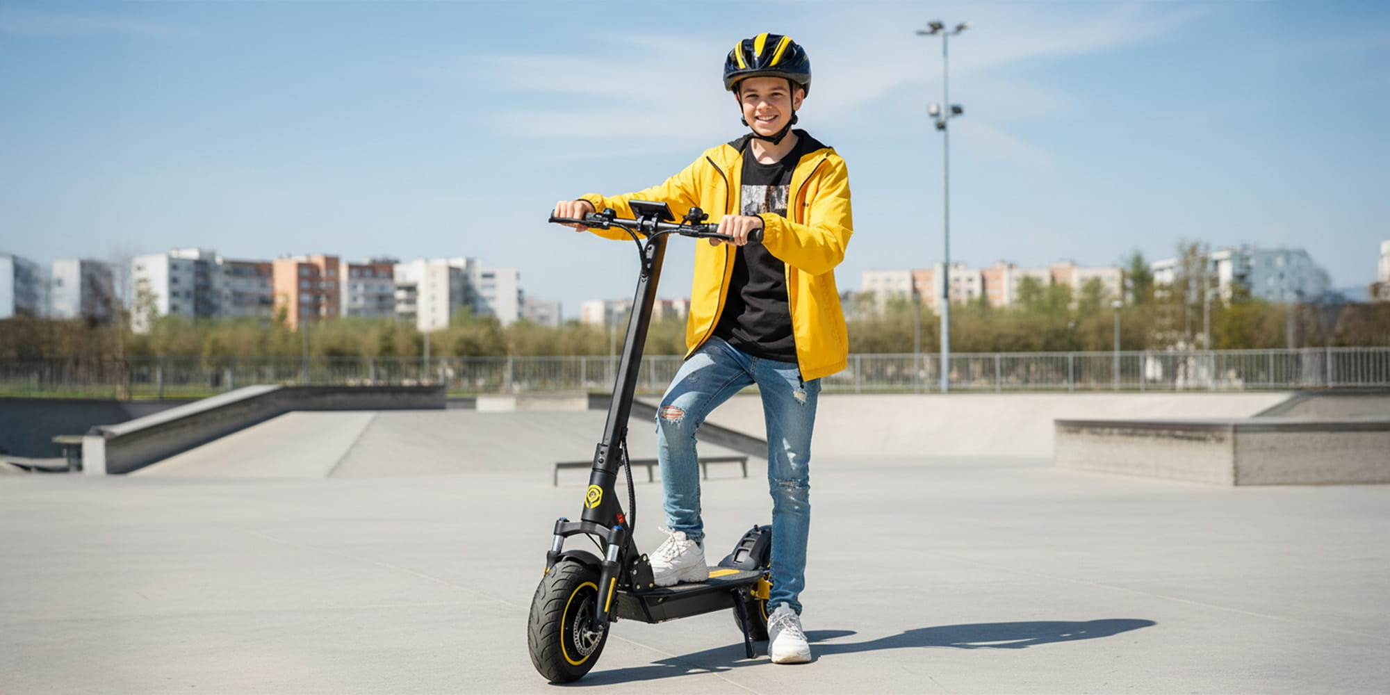 Chłopiec w żółtej kurtce i kasku na hulajnodze elektrycznej w skateparku.