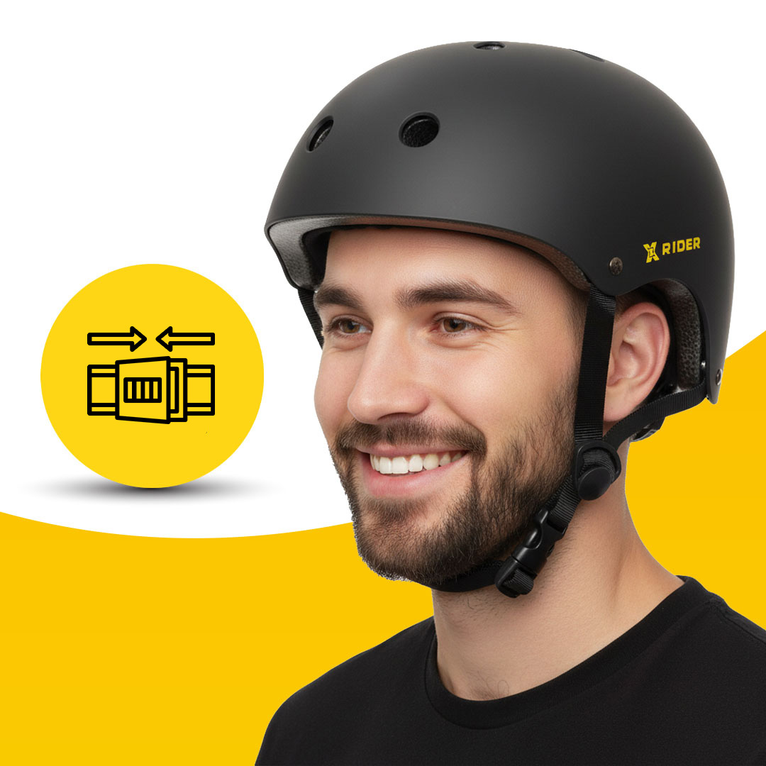 Mężczyzna w czarnym kasku, żółte koło z ikonami mechanizmu regulacji.