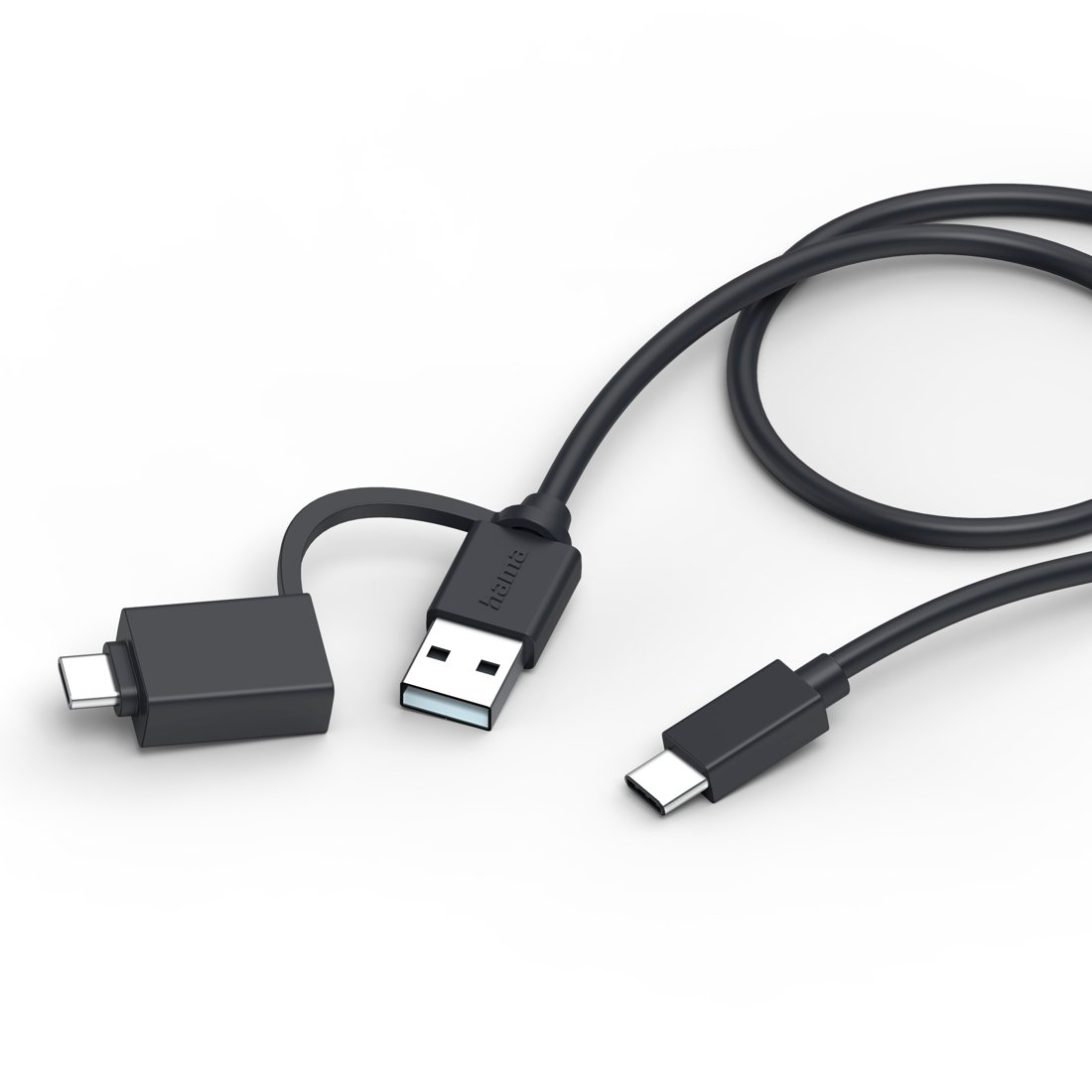 Czarny kabel USB ze złączami USB-A, Micro-USB i USB-C.