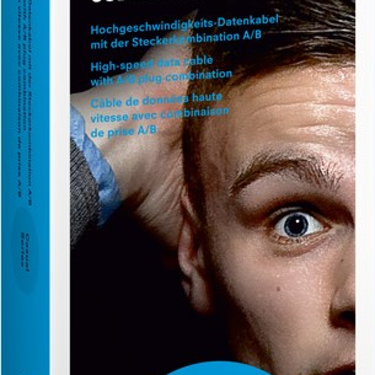 Mann mit weit aufgerissenen Augen, Text über Datenkabel.