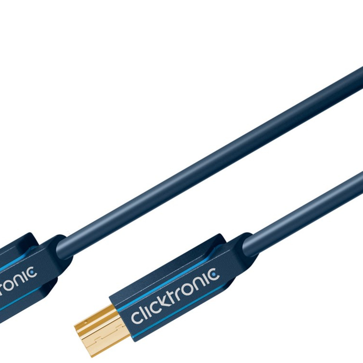 Ein blaues Kabel mit goldenem Stecker und der Aufschrift „clicktronic“.