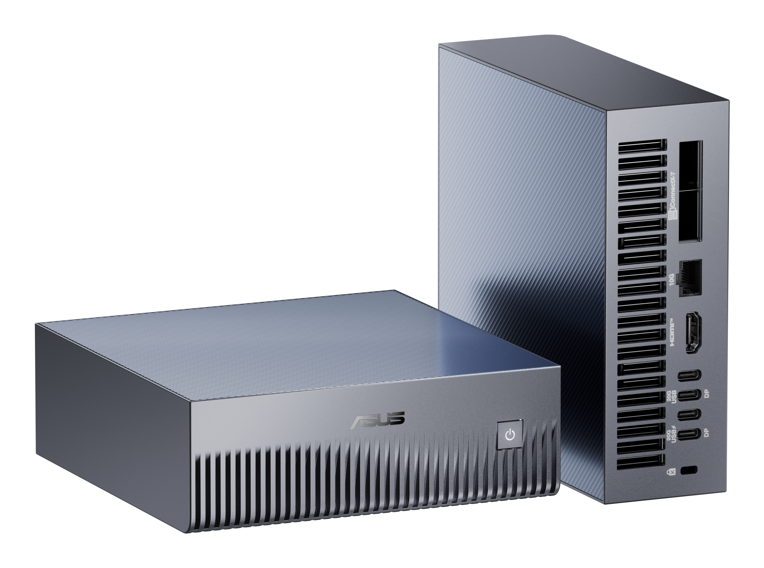 Due mini PC grigi uno accanto all'altro, uno piatto, uno verticale. Entrambi con fessure di ventilazione.