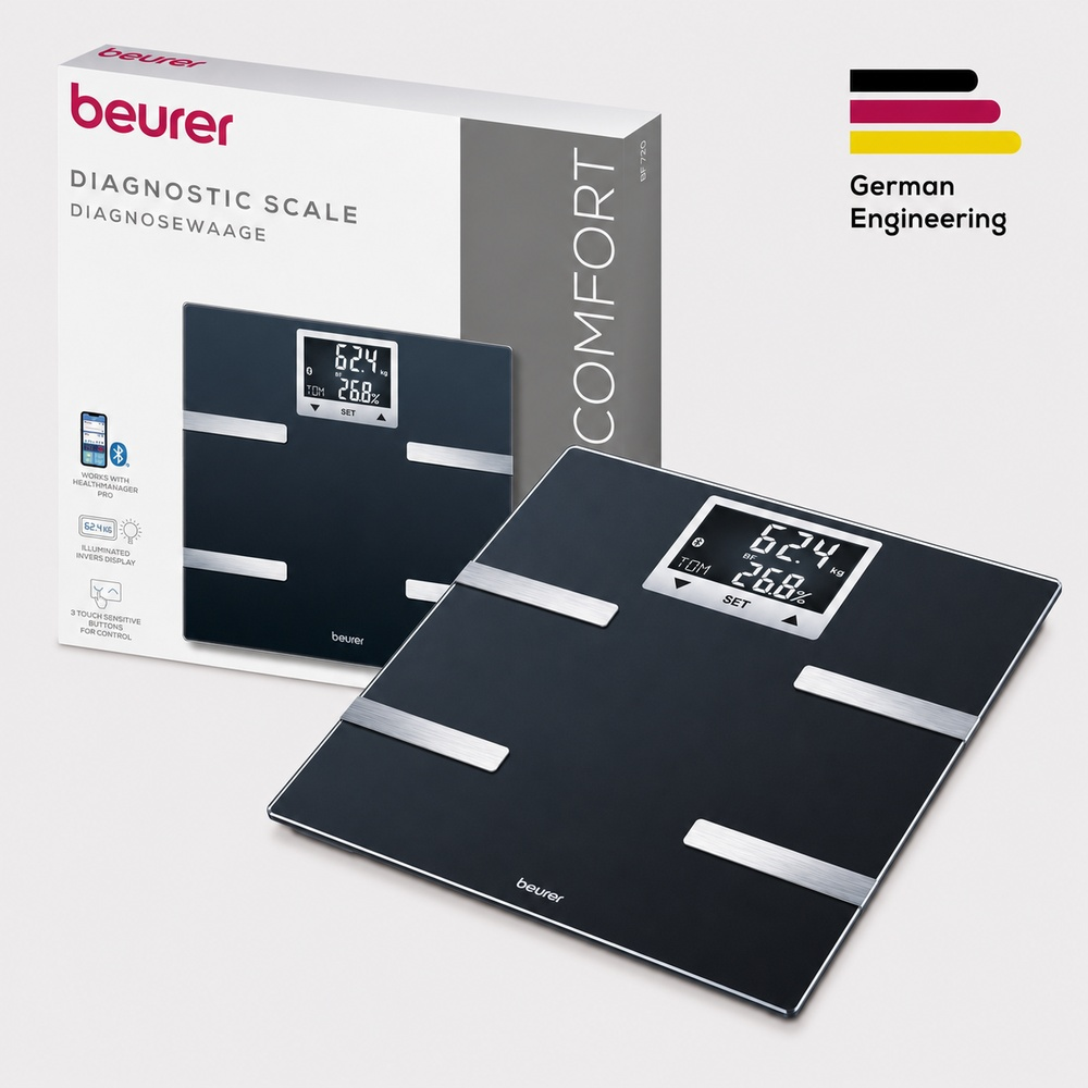 Schwarze digitale Personenwaage mit silbernen Akzenten und Kartonverpackung.