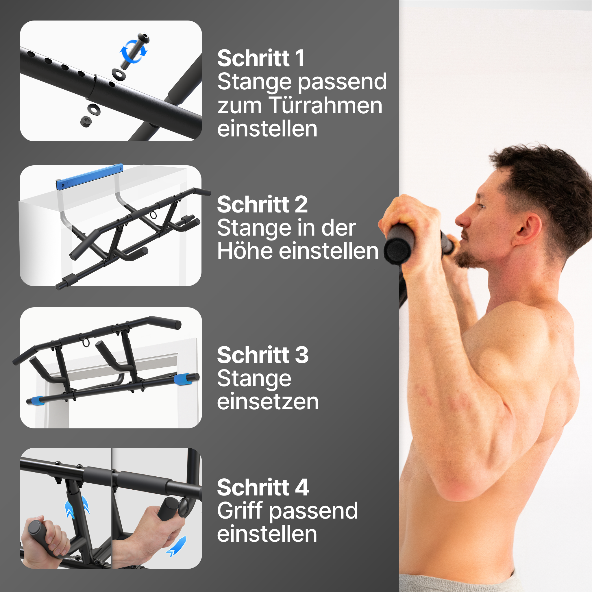 Anleitung für eine Klimmzugstange mit vier Schritten und einem Mann, der Klimmzüge macht.