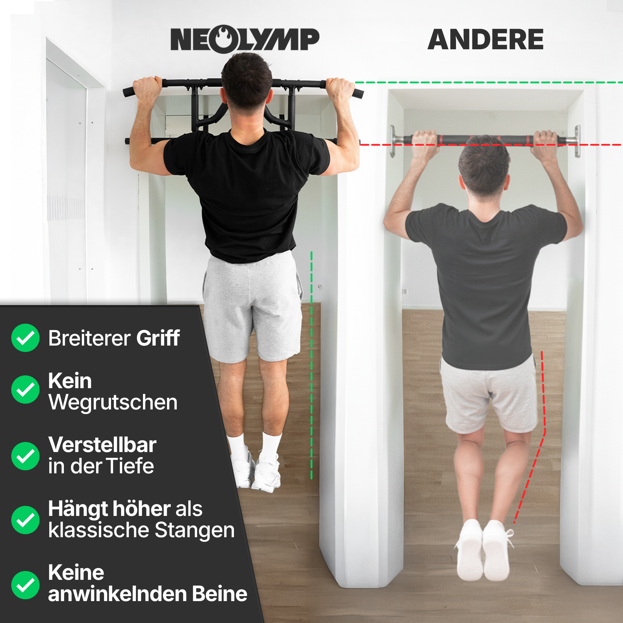 Zwei Männer machen Klimmzüge. Links breiter Griff, rechts Standard.