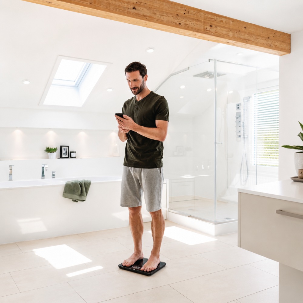 Mann in Shorts auf Waage, hält Handy im hellen, modernen Bad mit Wanne & Dusche.