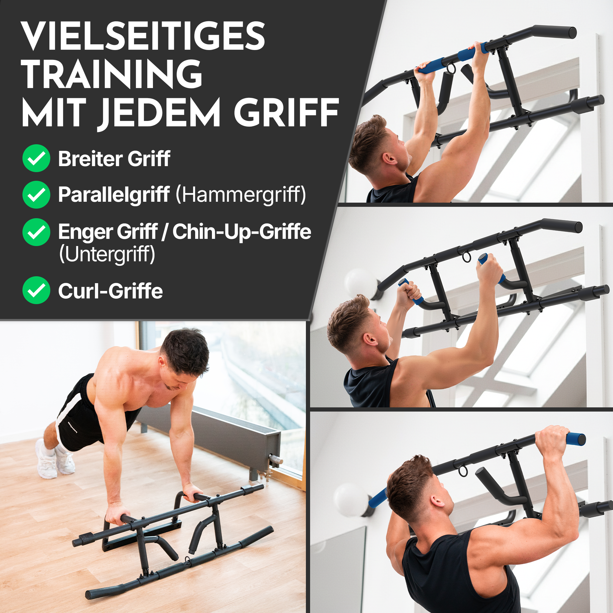 Mann macht Klimmzüge an einer Mehrgriff-Klimmzugstange. Text auf Deutsch.