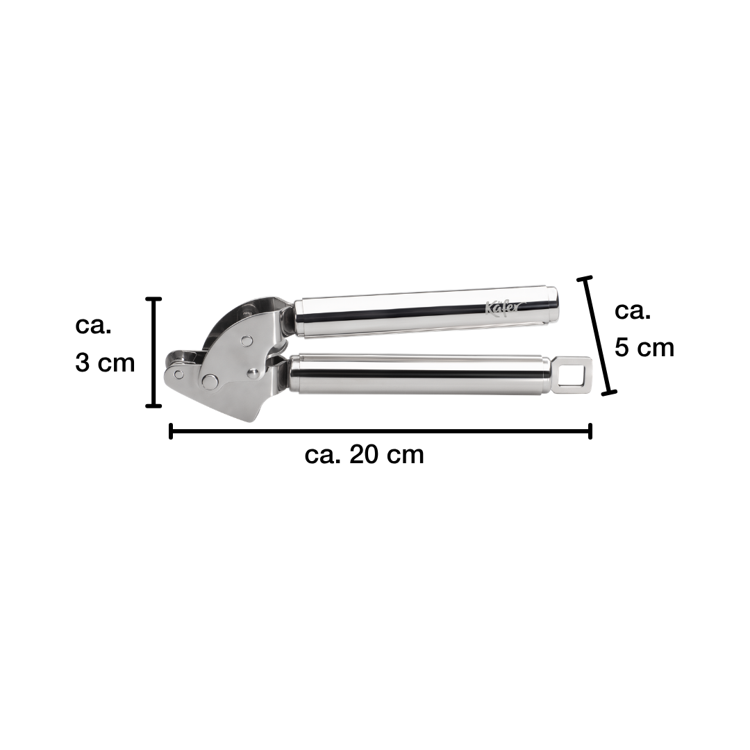 Edelstahl-Knoblauchpresse, 20 cm lang, 3 cm breit, 5 cm hoch.