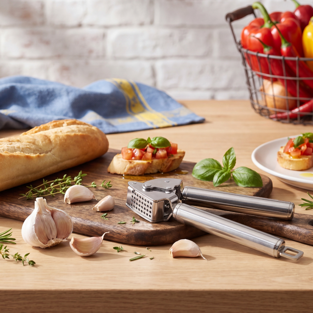 Knoblauchpresse mit Baguette, Bruschetta und Gemüsekorb im Hintergrund.