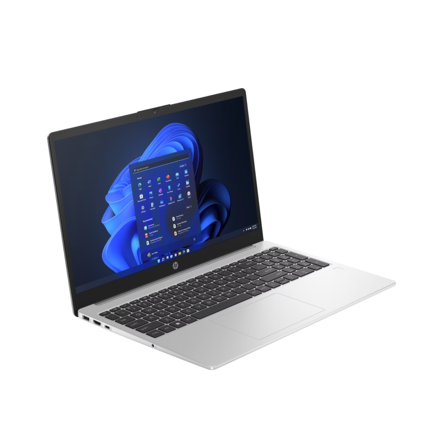 Ein silberner Laptop mit einem geöffneten Bildschirm, der Windows-Apps anzeigt.