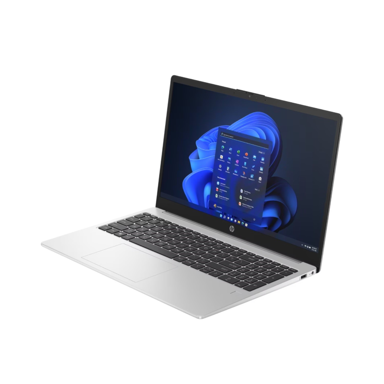 Ein silberner Laptop mit einem dunklen Bildschirm, der das Windows 11-Startmenü zeigt.