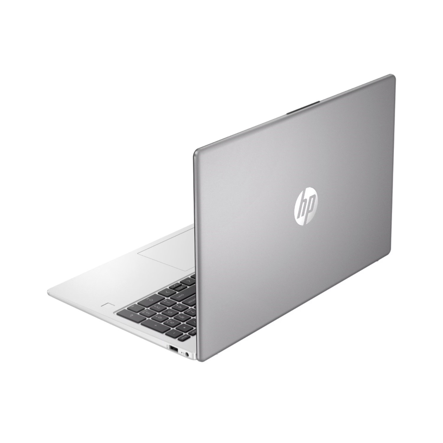 Ein silberner HP Laptop, geöffnet und von hinten gezeigt, mit Tastatur und HP-Logo auf dem Deckel.