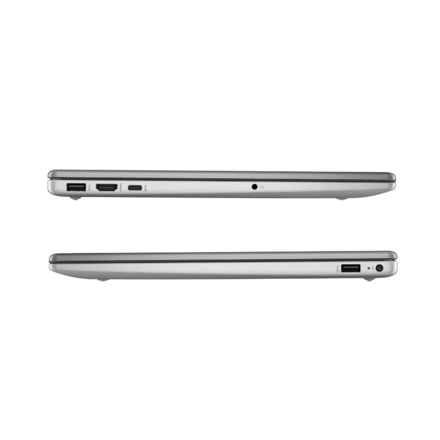 Zwei Ansichten eines silbernen Laptops. Oben: USB, HDMI, USB-C Anschlüsse. Unten: USB-A, Klinkenanschluss.