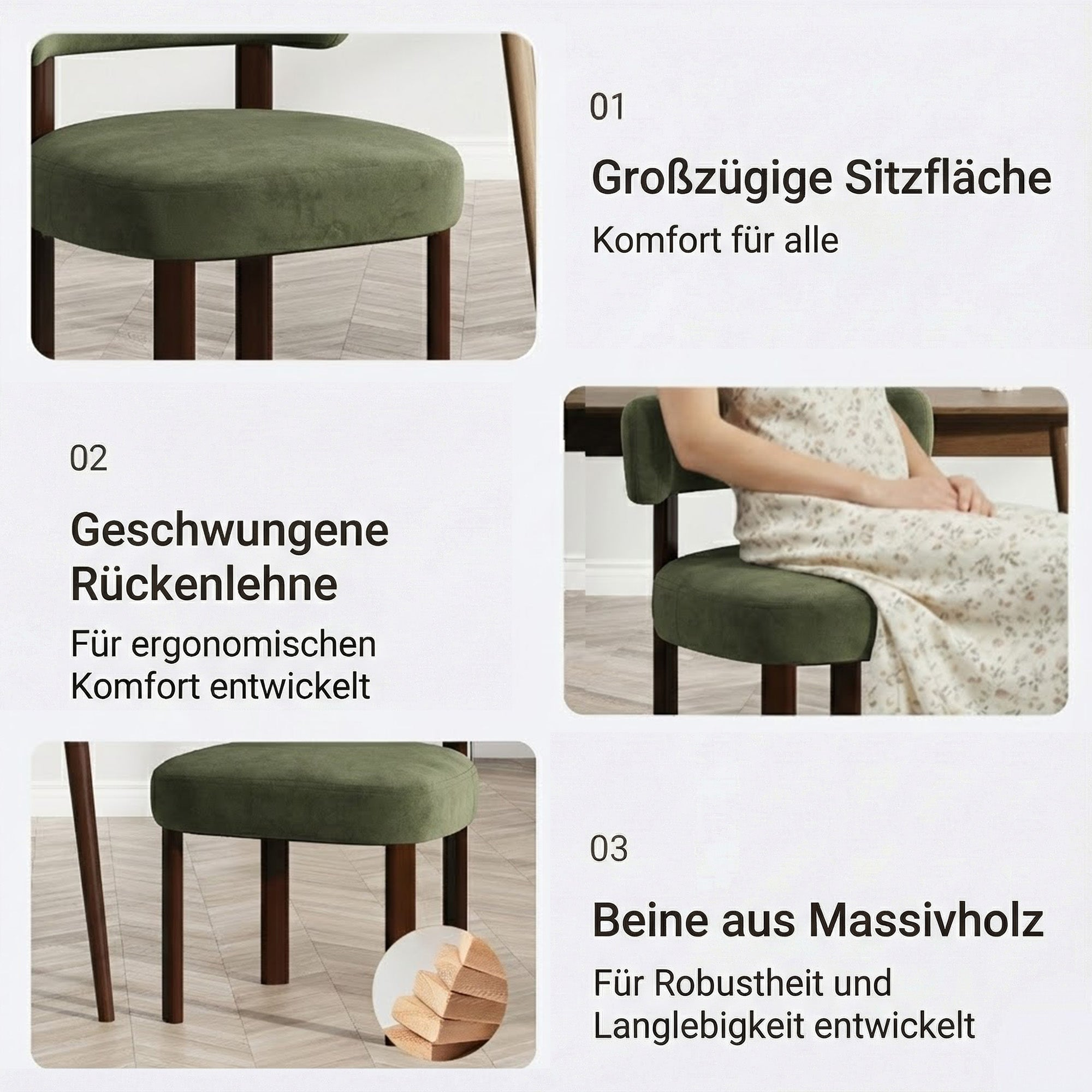 Grüner Stuhl mit Holzbeinen, breiter Sitzfläche und geschwungener Rückenlehne.