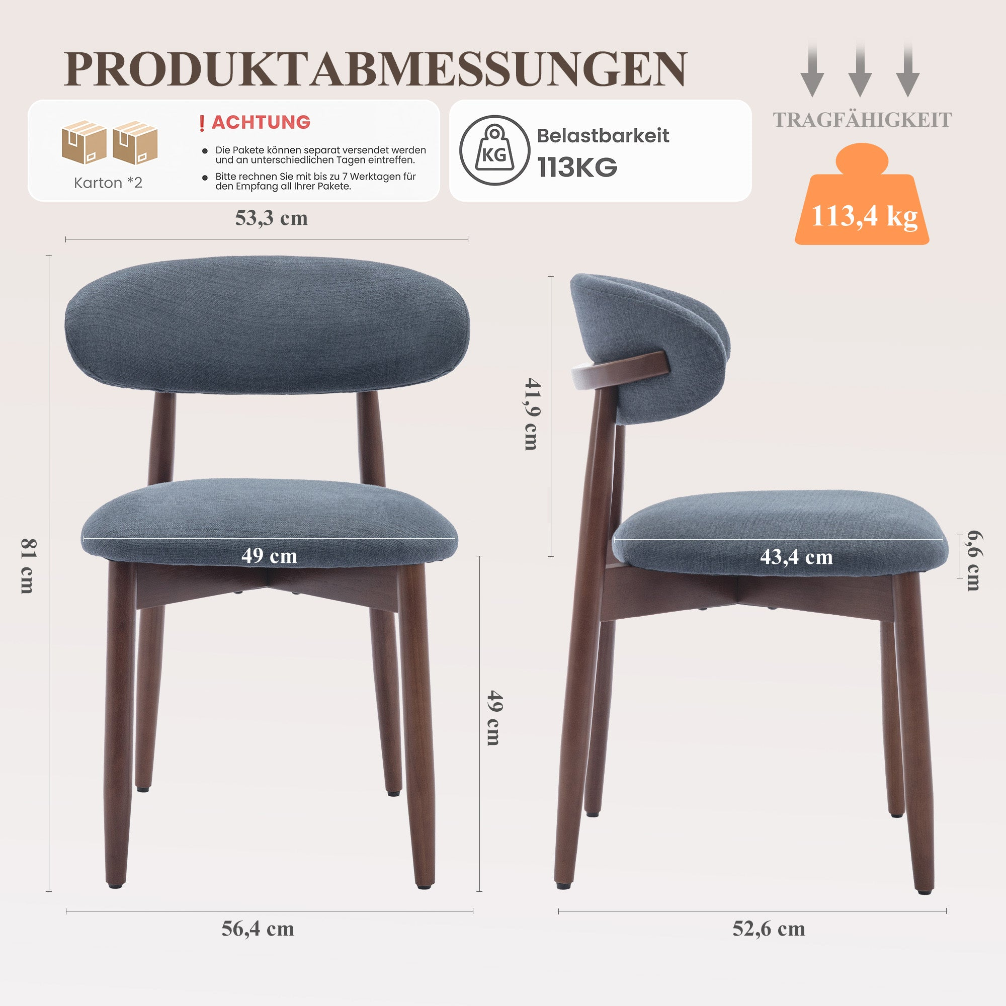 Produktmaße mit Stuhlansichten: Breite 56,4 cm, Höhe 81 cm. Tragfähigkeit 113 kg.