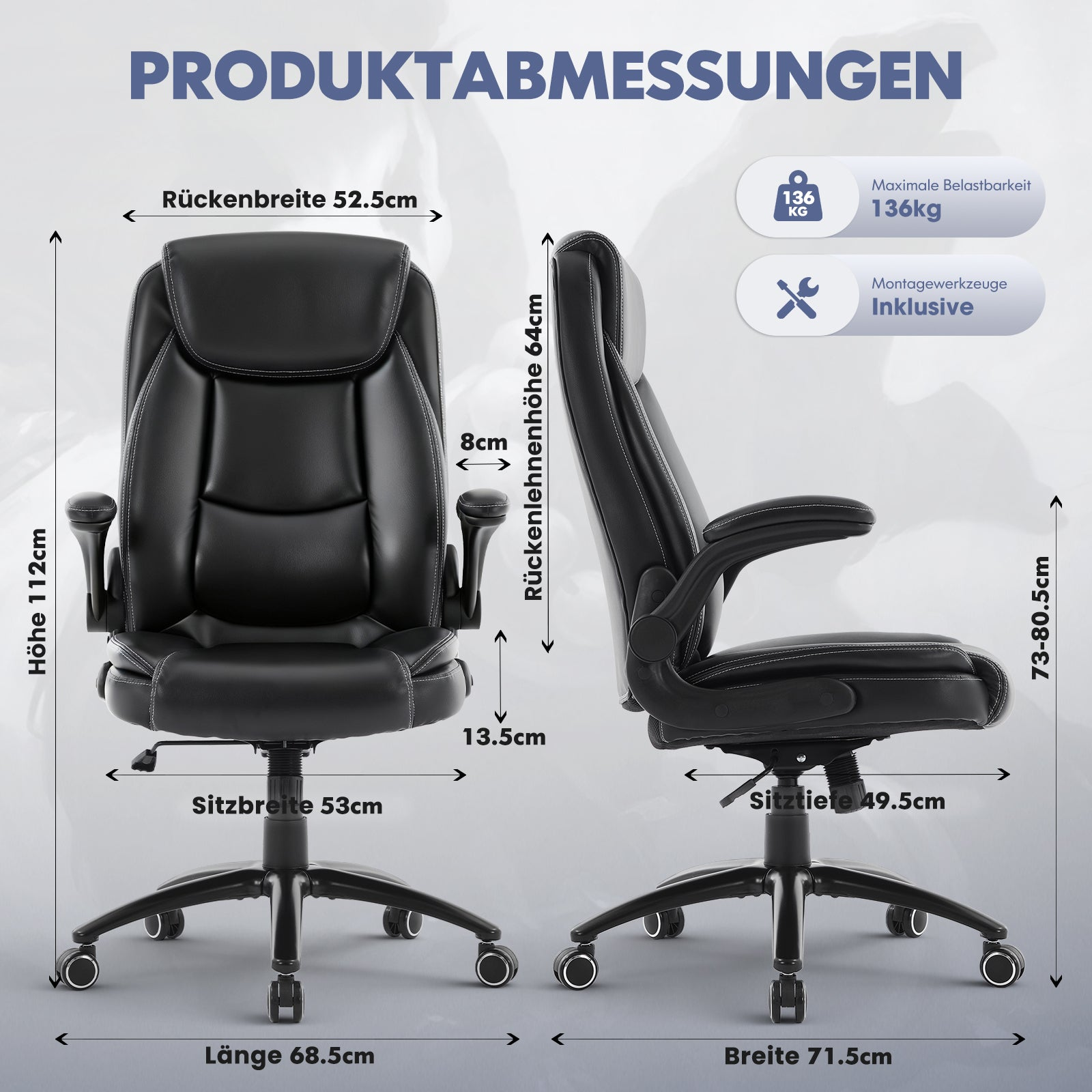 Schwarzer Bürostuhl mit Maßen: Höhe 112cm, Breite 71.5cm, Tiefe 68.5cm.