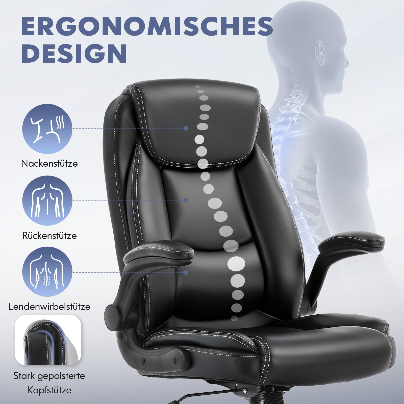 Schwarzer Bürostuhl mit ergonomischem Design und weißer Naht. Wirbelsäulenanzeige.