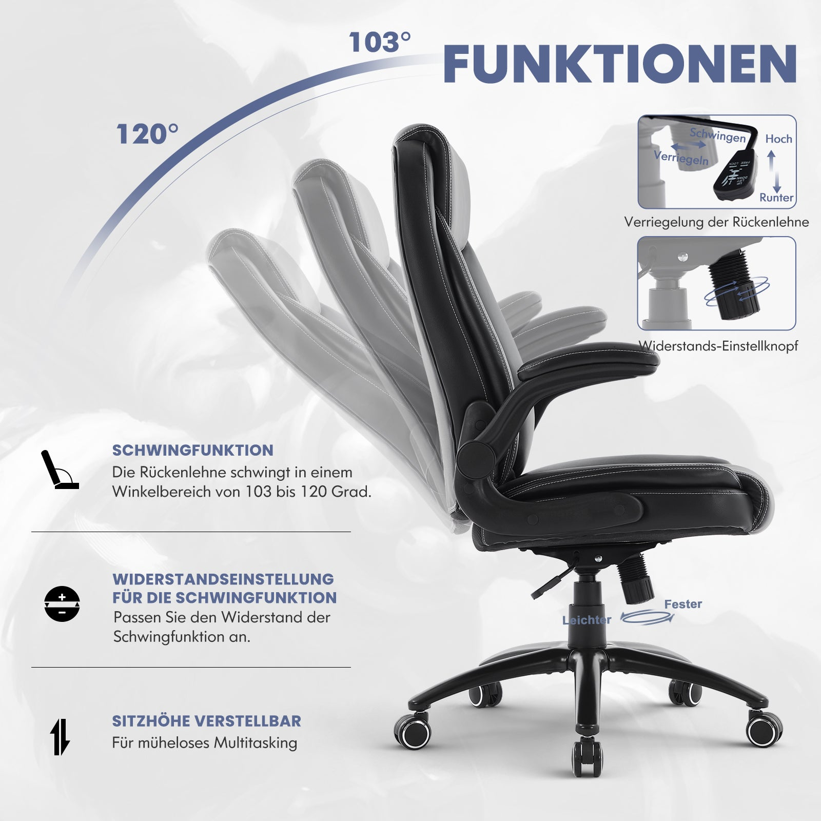 Bürostuhl mit Schwingfunktion von 103-120°, Sitzhöhenverstellung und Widerstandseinstellung.