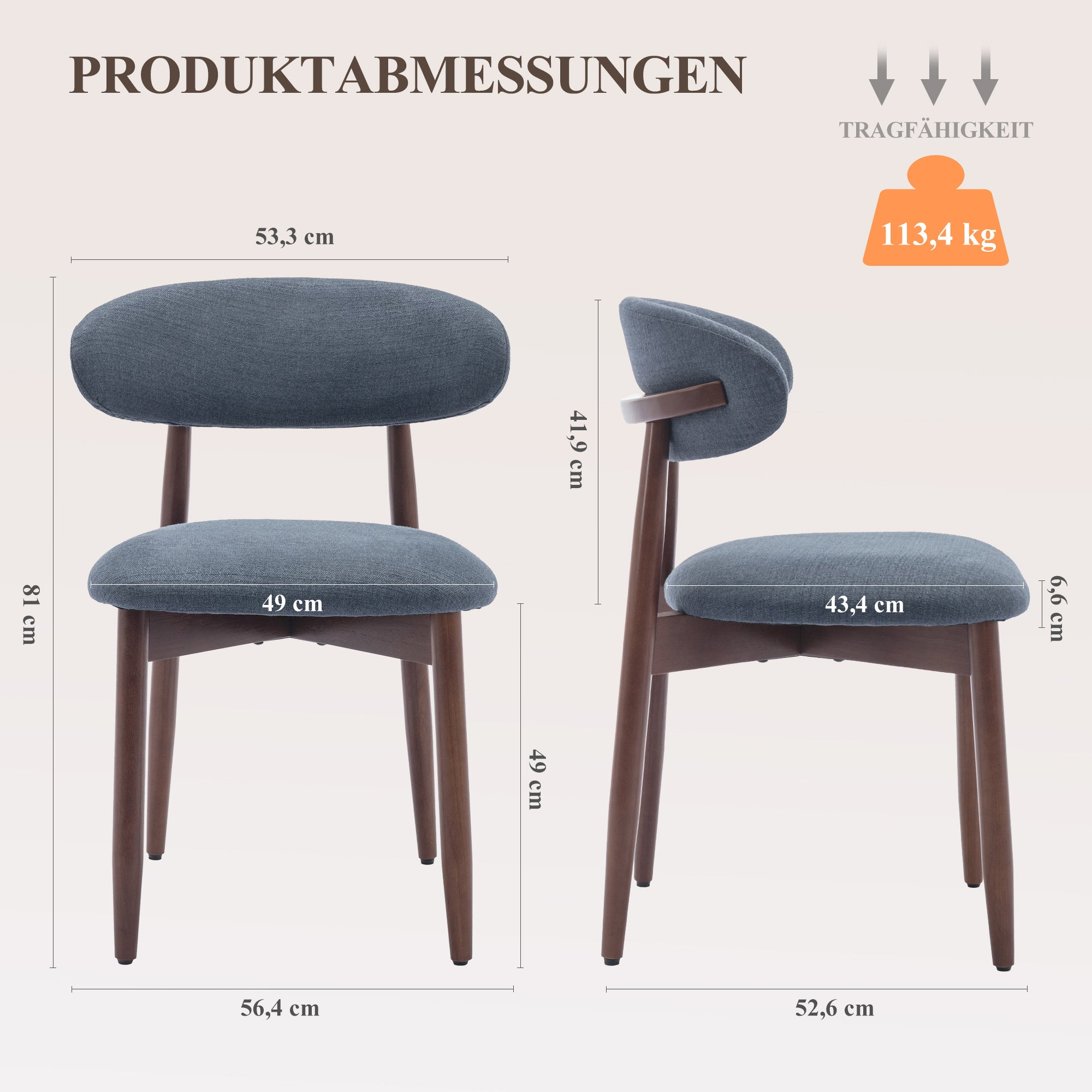 Produktabmessungen: Blauer Polsterstuhl von vorne und seitlich gezeigt. Max. Gewicht 113,4 kg.