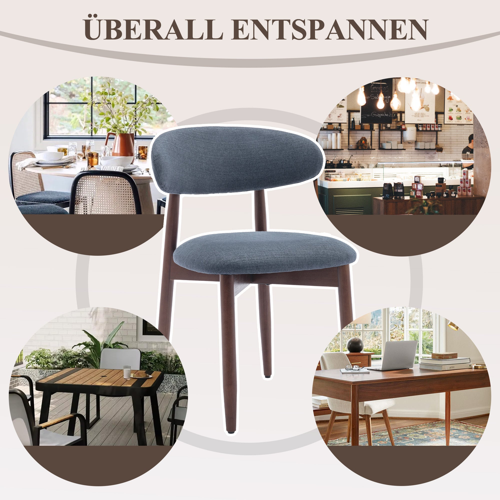 Ein grauer Polsterstuhl wird gezeigt, mit eingefügten Bildern eines Esstisches, Cafés und Schreibtisches.