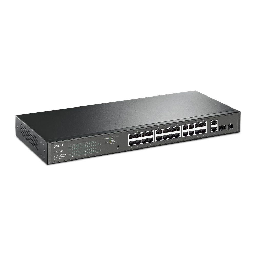 Czarny przełącznik sieciowy TP-Link 24-portowy ze wskaźnikami LED.