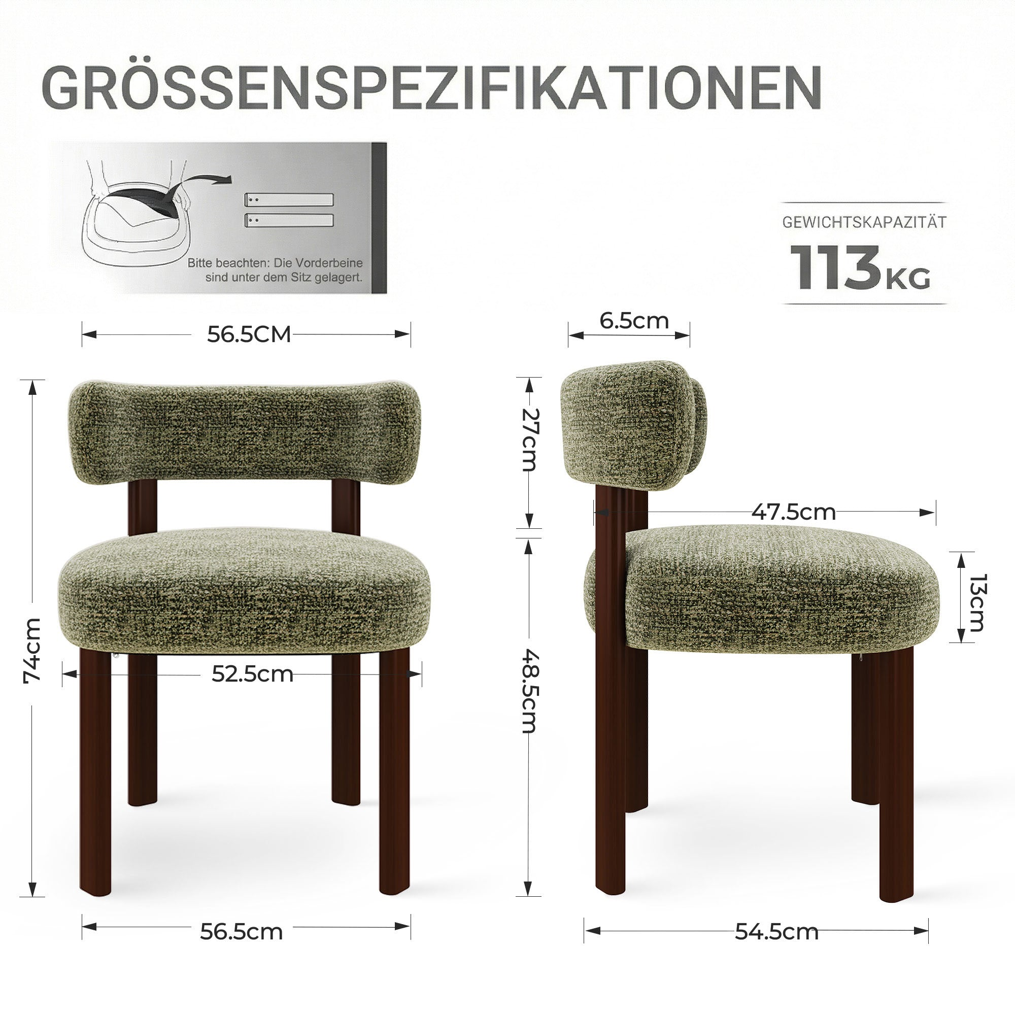 Größenspezifikationen eines grünen Stuhls mit Maßen und 113kg Kapazität.