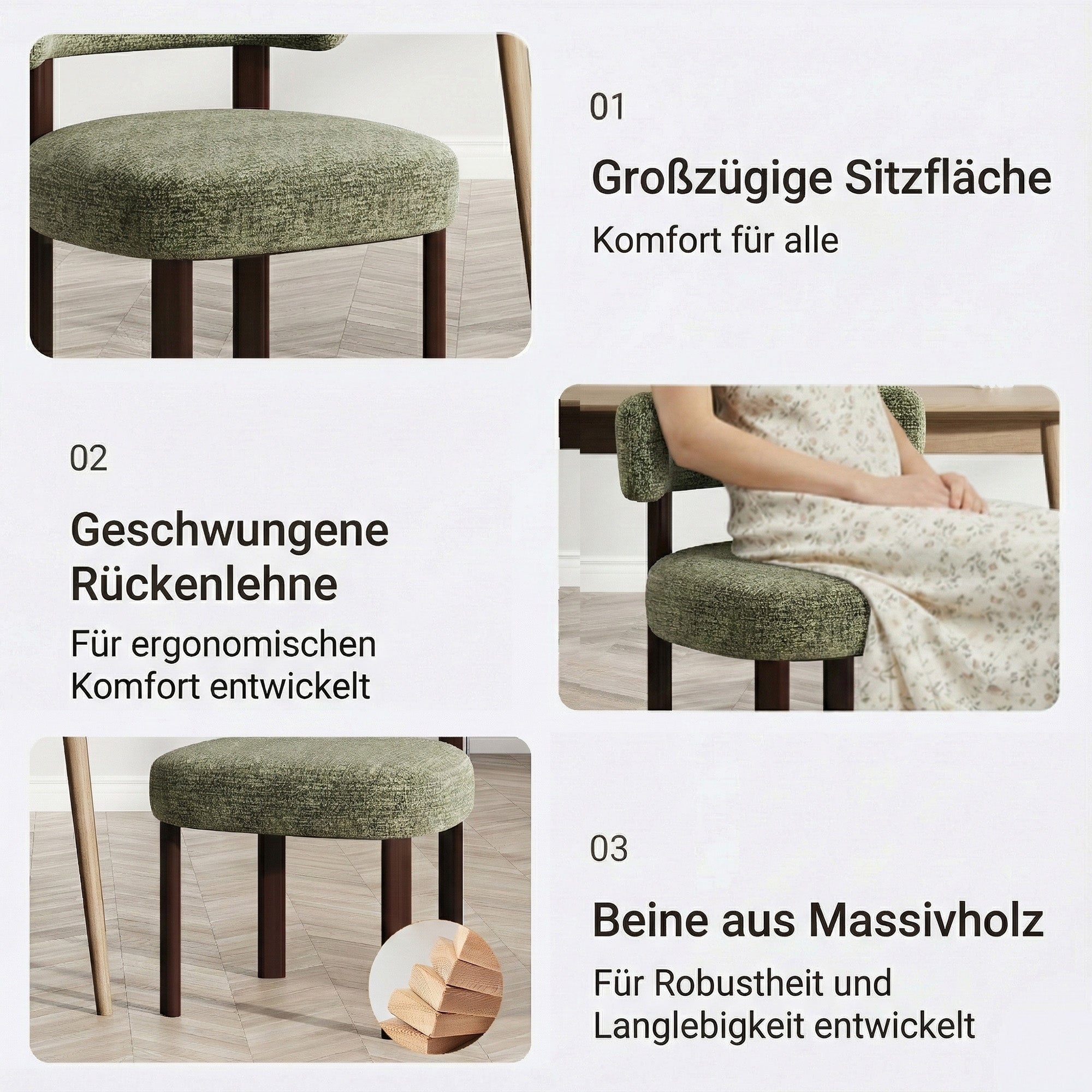Ein grüner Stuhl mit Holzbeinen und einer geschwungenen Rückenlehne.
