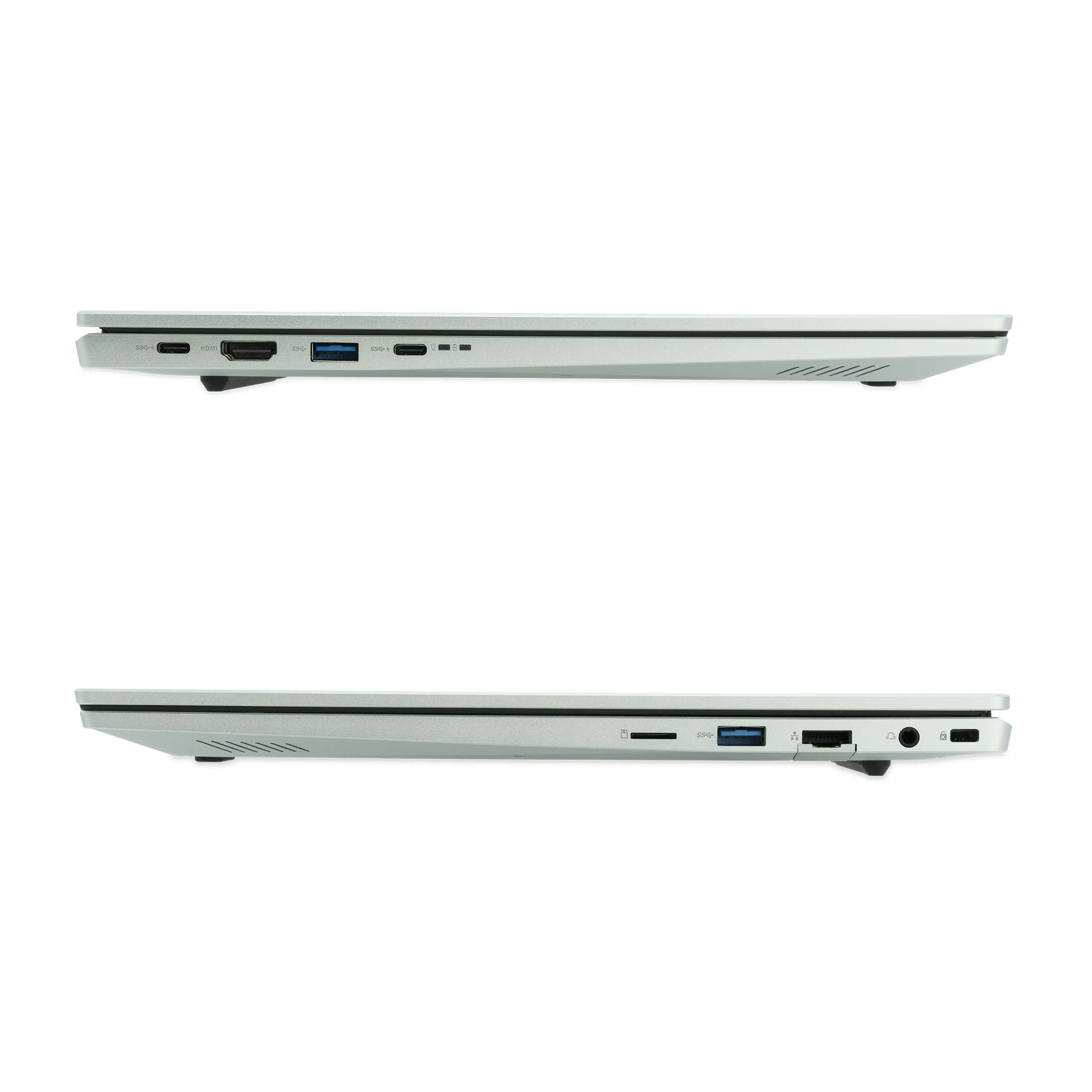 Seitenansicht eines dünnen Laptops mit Anschlüssen wie USB-C, HDMI und USB-A.