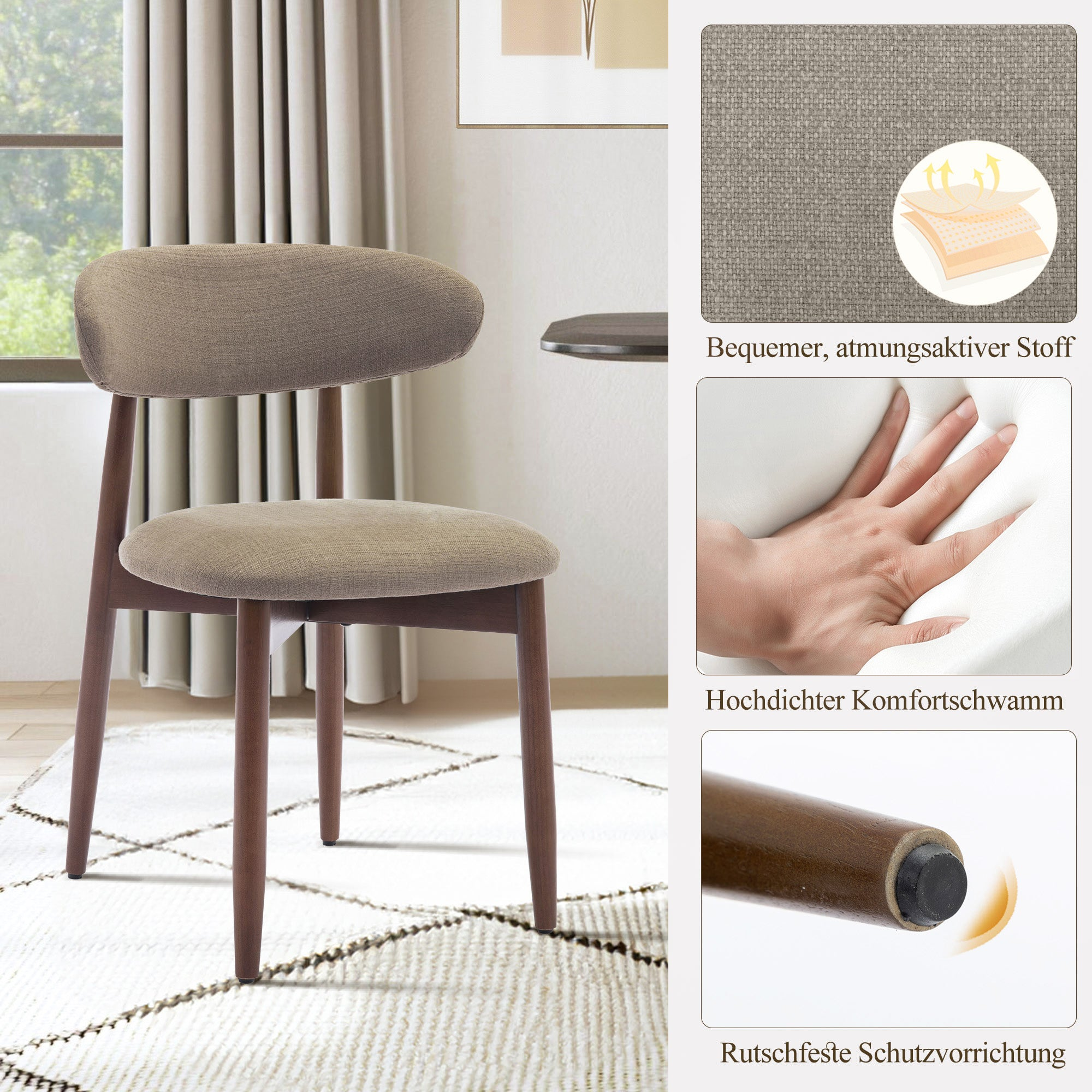 Ein brauner Stoffstuhl mit Holzbeinen steht auf einem Teppich. Detailbilder zeigen Stoff, Schaum und Bein.