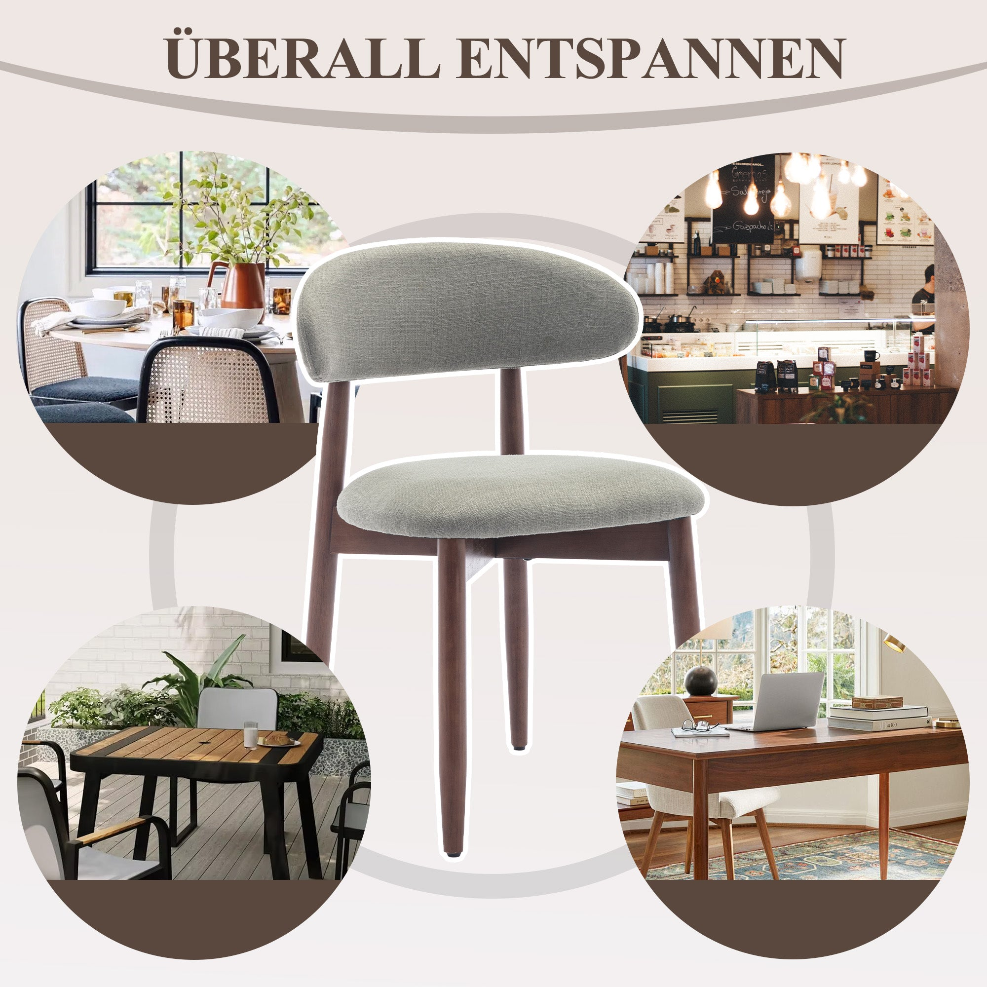 Ein Stuhl in der Mitte, umgeben von Esszimmer, Café und Schreibtisch-Szenen.
