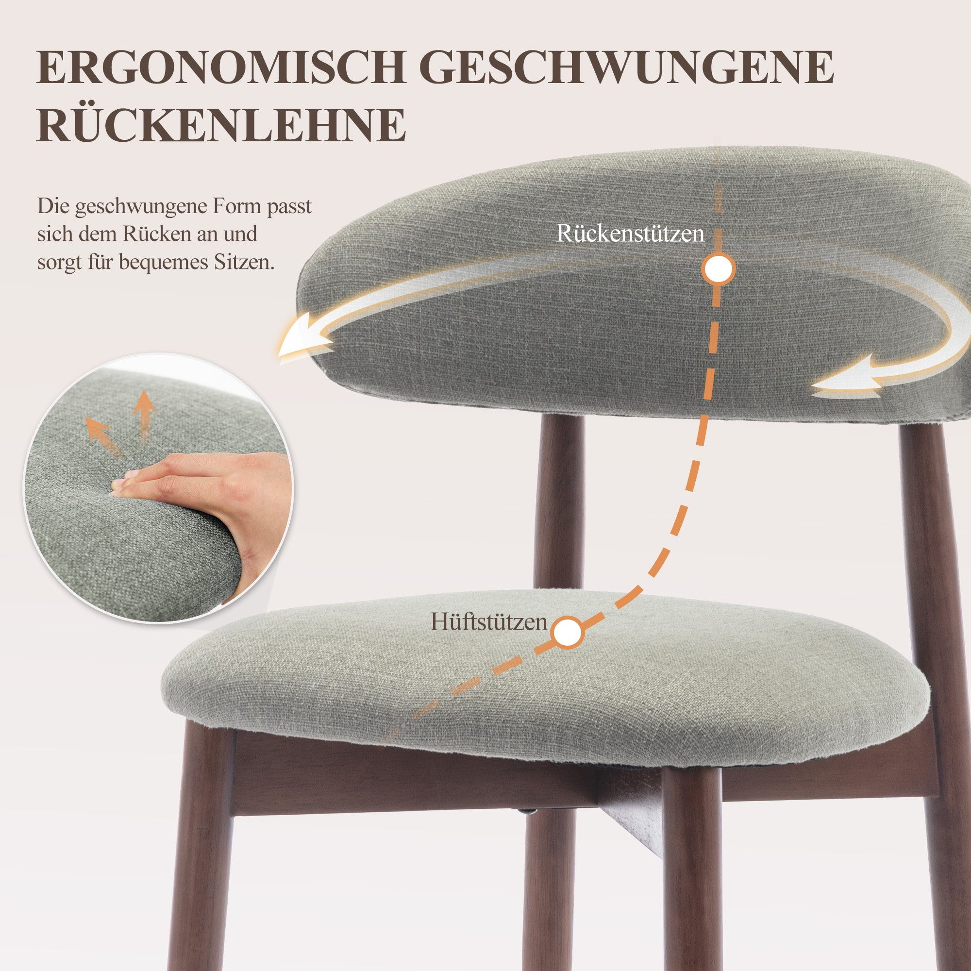 Ergonomische Rückenlehne mit Hüft- und Rückenstützen, aus Stoff und Holz.