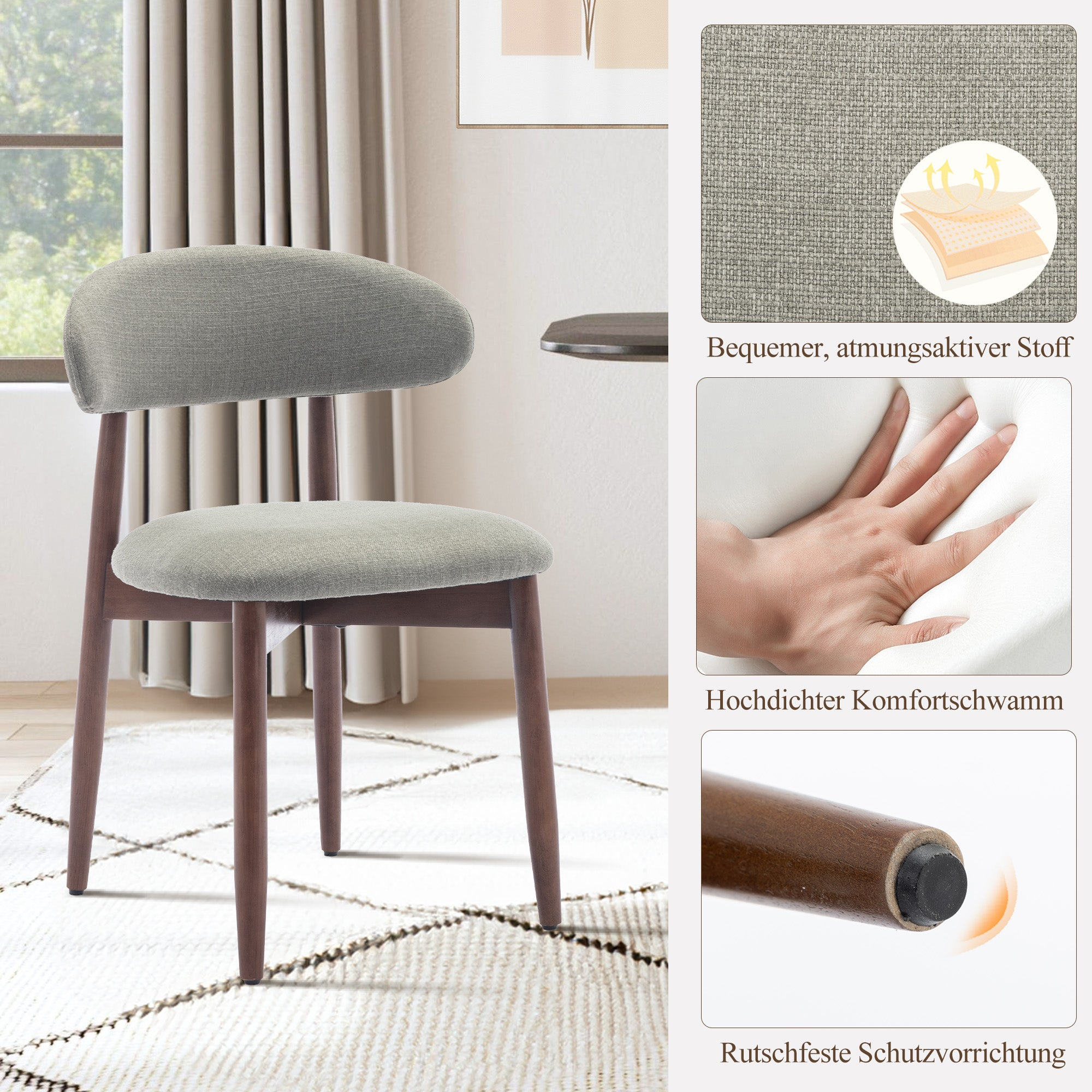 Ein grauer Stoffstuhl mit Holzbeinen steht auf einem Teppich. Detailbilder zeigen Stoff, Schaumstoff und Fußkappen.