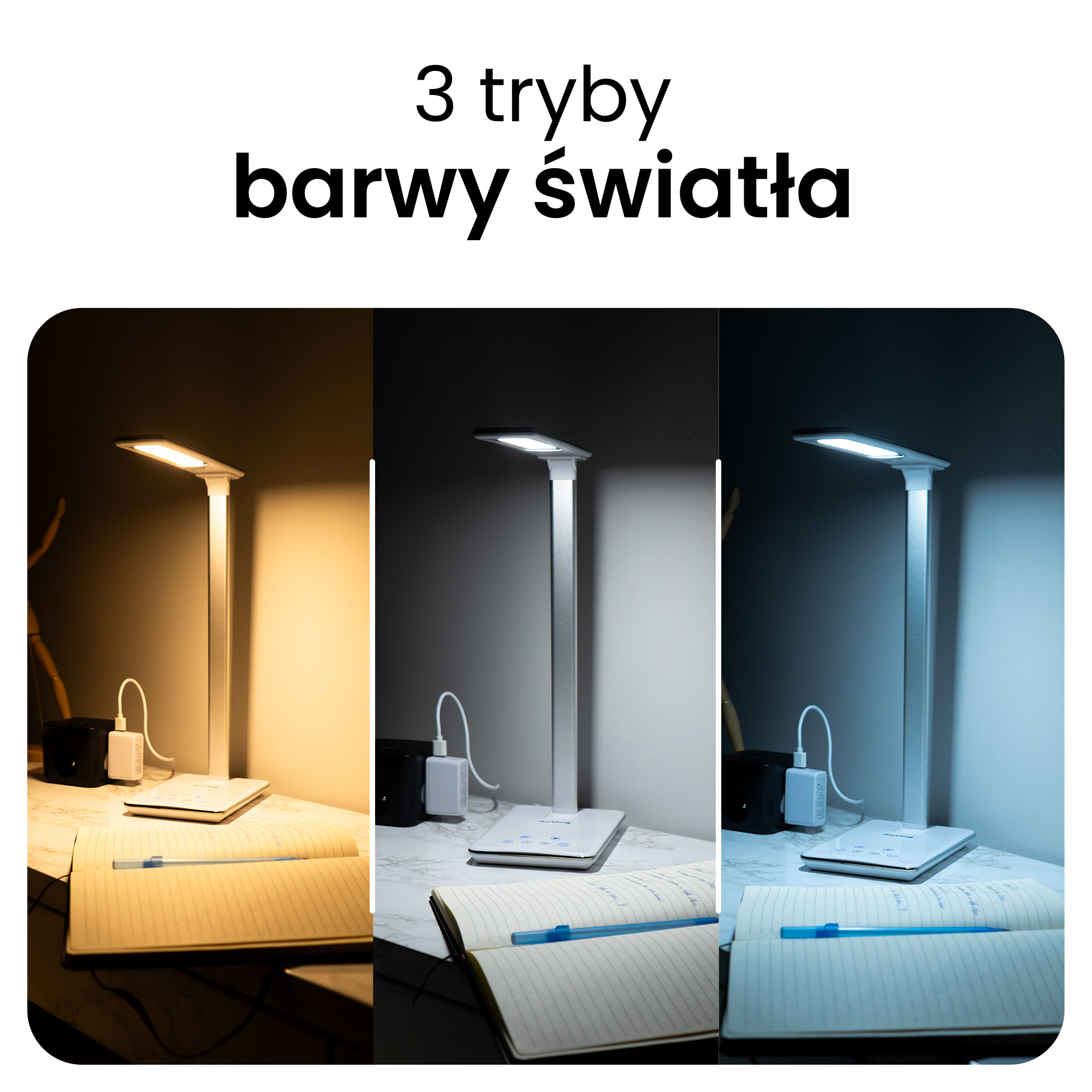 Lampa biurkowa w trzech barwach światła: ciepła, neutralna, niebieska.