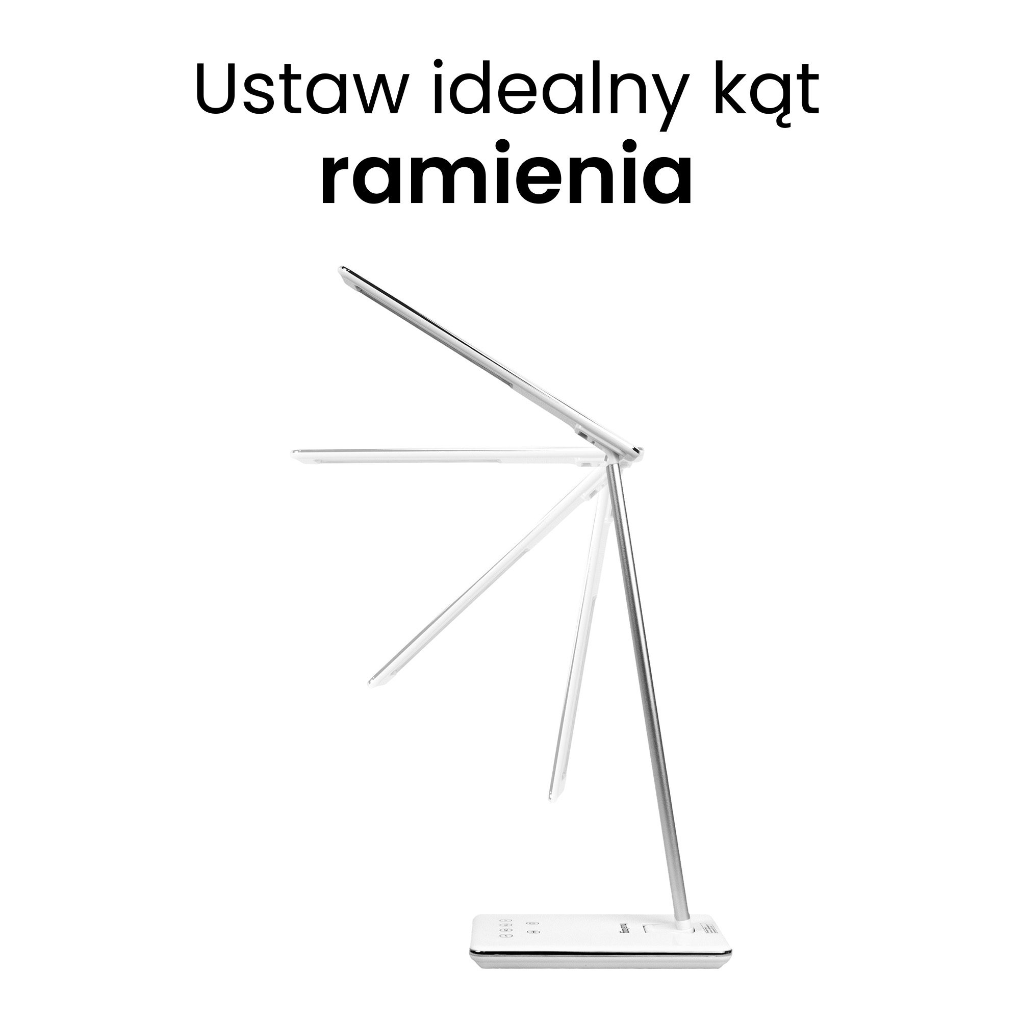 Srebrna lampa biurkowa z regulowanym ramieniem na białej podstawie.