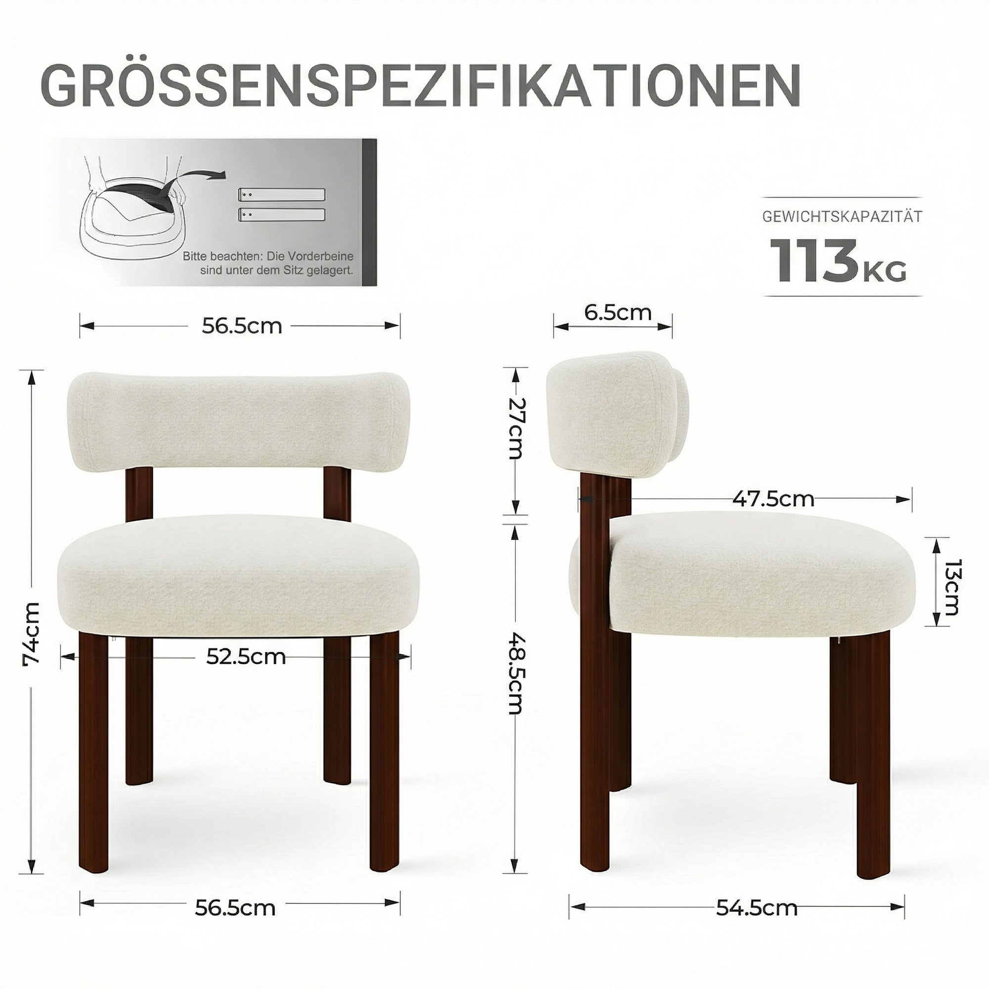 Stuhl mit Maßen: Breite 56.5cm, Höhe 74cm, Tiefe 54.5cm. Traglast 113kg.