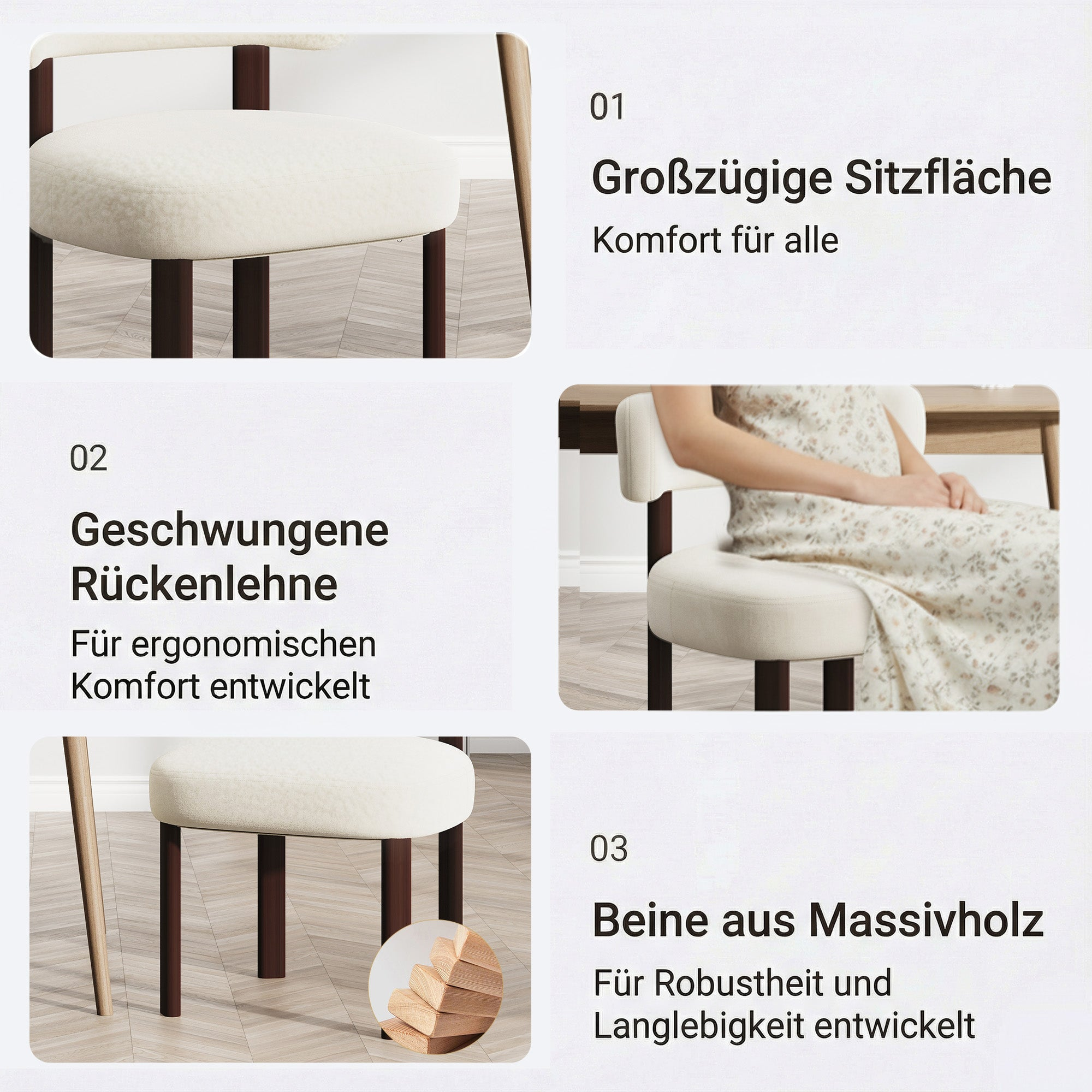 Weiße Sitzfläche, dunkle Beine, geschwungene Rückenlehne, Massivholzbeine.